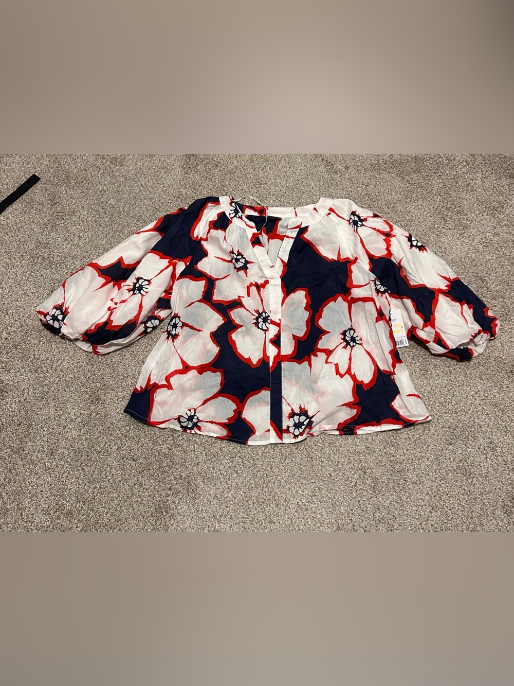 Sonoma White Navy Red Floral Peasant Blouse